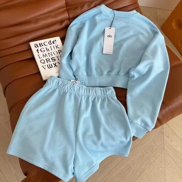 ALO Yoga Light Blue Cropped Sweatshirt and Drawstring Shorts Set - Picture 2 of 2